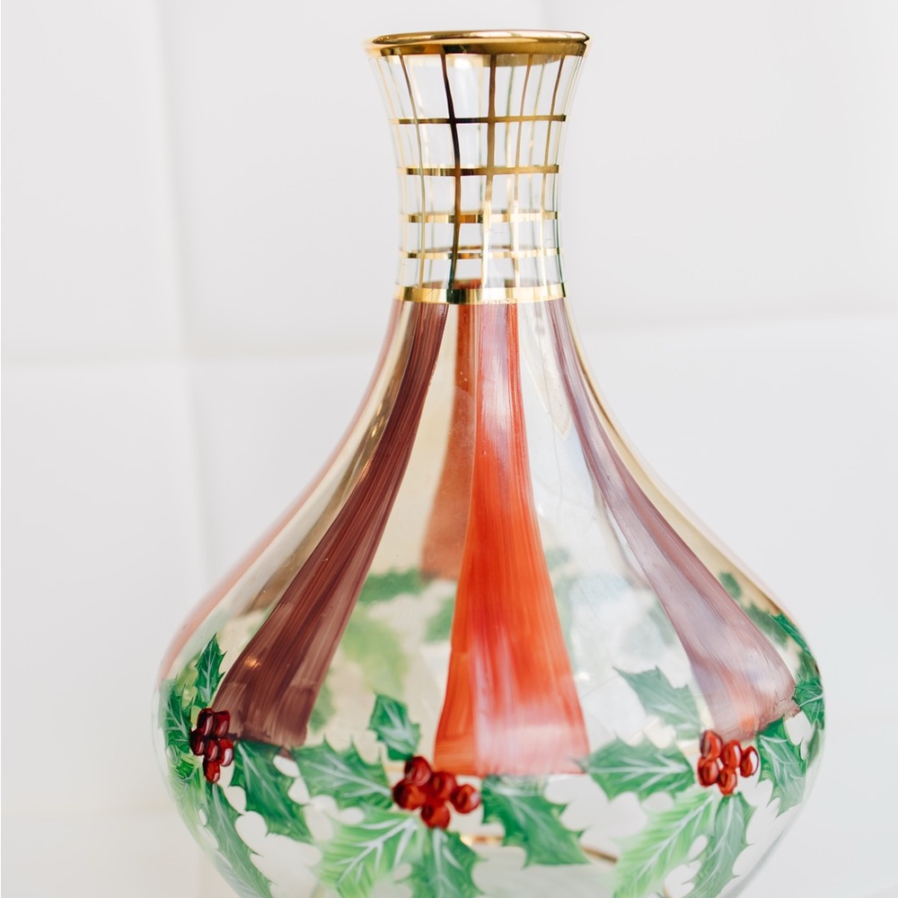 MacKenzie-Childs Hand-Painted Holiday Decanter Holly & Berries Gold Trim Retired